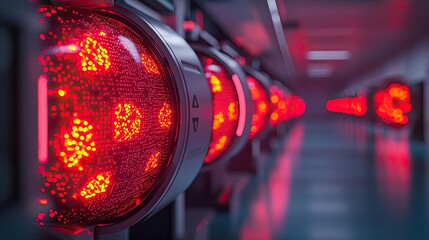 Poster - Series of red lights in a modern industrial setting, bright illuminate pathway.