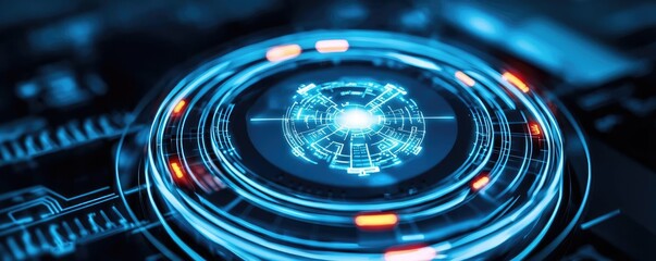 Poster - Futuristic digital interface with glowing elements and circular design.