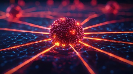 Poster - Microscopic view of a cancer cell against a dark background, glowing red details.