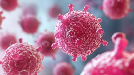Poster - Microscopic view of pink virus particles on a blurred background.