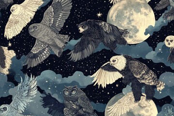 Canvas Print - a group of owls flying through the night sky