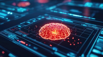 Aufkleber - Digital representation of a cell with glowing red nucleus on high-tech background.