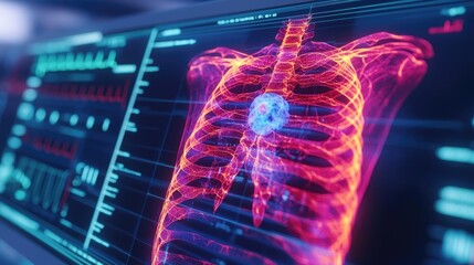 Poster - Visual representation of a human ribcage and heart, vibrant colors, digital screen.