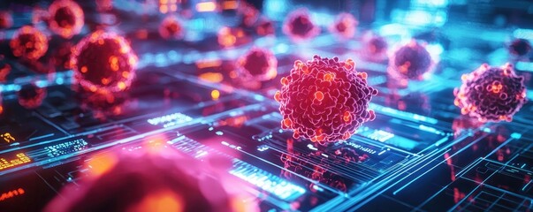 Poster - Colorful virus particles in a digital environment, high-tech futuristic concept.