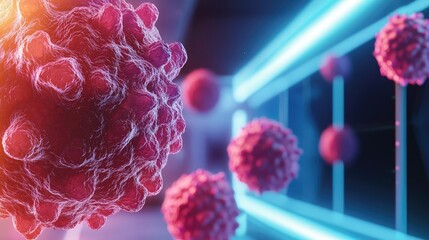 Poster - Microscopic view of cells with futuristic light effects, digital illustration.