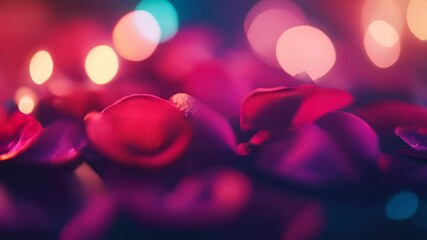 Wall Mural - Soft red and purple petals are arranged beautifully, giving a romantic vibe illuminated by delicate bokeh lights in a warm atmosphere