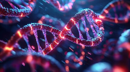 Poster - Colorful DNA strands with glowing effects on a dark background.
