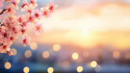 Wall Mural - Delicate cherry blossoms showcase their vibrant pink hues illuminated by a warm bokeh light backdrop at sunset