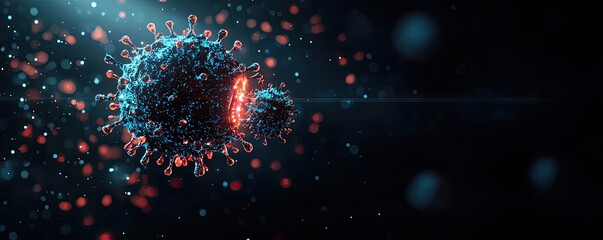 Poster - Digital illustration of a virus in a microscopic view, dark background.