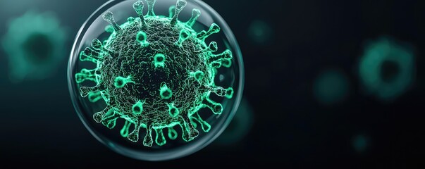 Poster - Microscopic view of a virus in a transparent sphere on a dark background.