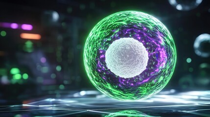 Poster - Colorful cell structure, vibrant green and purple, white isolated background