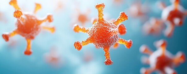 Poster - Colorful microscopic view of viral particles on a blue background.