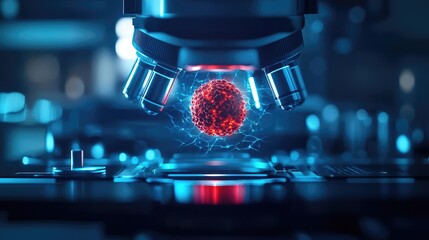Aufkleber - Microscope examining a red particle, high detail, blue lighting, abstract background.