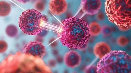 Poster - Close-up view of cells with dynamic interactions in a scientific background.