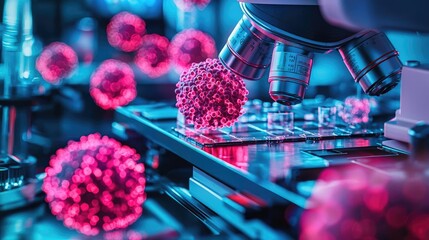 Aufkleber - Microscope examining vibrant cells in a laboratory setting with colorful lighting.