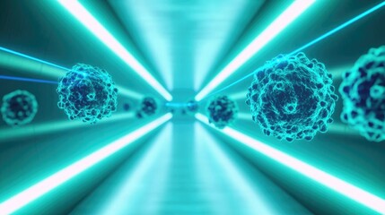 Poster - Abstract representation of virus particles in a futuristic environment.