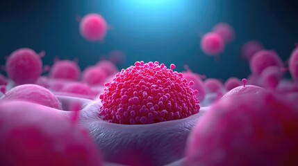 Poster - Cellular structure with pink spheres on a dark background, light illumination.
