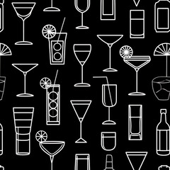 Seamless white cocktail glasses on black background vector.