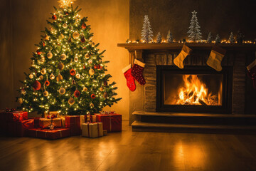 Canvas Print - Decorated Christmas tree with colorful ornaments, gifts wrapped in festive paper, and stockings hanging by a warm fireplace.