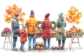 A family in colorful winter attire stands by a market table filled with pumpkins and apples, surrounded by vibrant autumn trees.