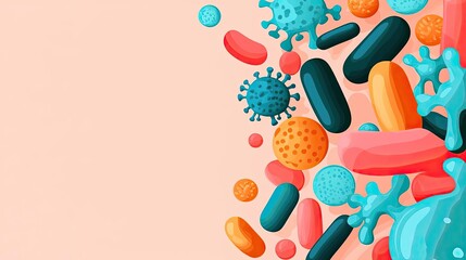 Poster - Colorful microbes and bacteria on a soft peach background