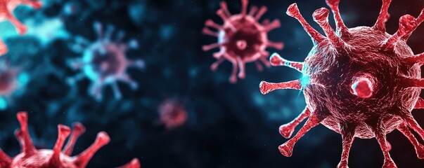 Poster - 3D illustration of virus particles in microscopic view, with glowing background details.