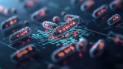 Poster - Abstract representation of bacteria in a digital environment, science and technology concept.