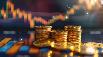 Gold coins surround financial performance graphs on a table, illustrating investment growth and wealth accumulation.