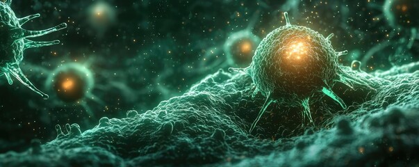 Poster - Microscopic view of glowing cells on a dark background, showcasing cellular structures.
