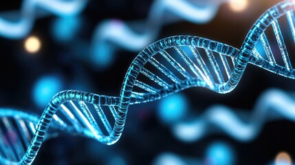 Poster - Close-up of a DNA strand on a dark background with blue highlights.