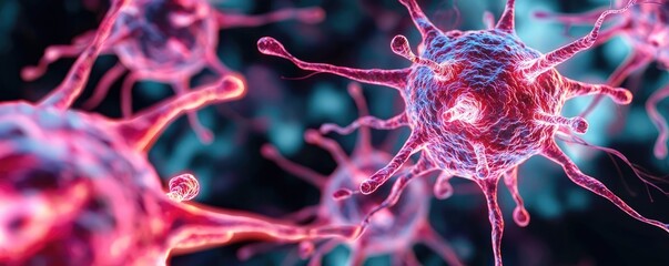 Poster - Colorful microscopic view of virus cells on a black background.