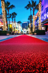 Red carpet illuminated by lights, leading to a grand entrance, symbolizing glamour and prestige.