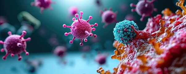 Poster - Virus cells interacting with the human immune system, detailed and colorful depiction.