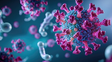 Poster - Colorful virus model against a blurred background, showcasing detailed molecular structure.