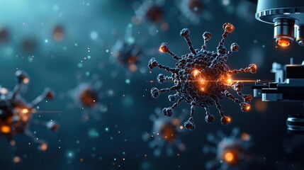 Poster - Microscopic view of a virus under scientific examination, dramatic lighting and detail.