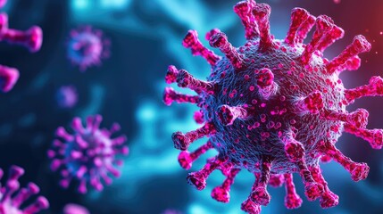 Poster - Microscopic view of a virus on a vibrant blue and pink background.