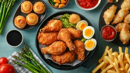 Wall Mural - Delicious fried chicken with sides of asparagus, eggs, and pastries served on a wooden table