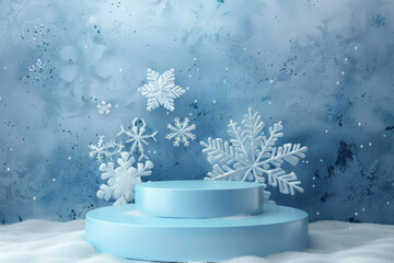 Blue box adorned with snowflakes, contrasting against white snow background, creating a festive and wintry scene.