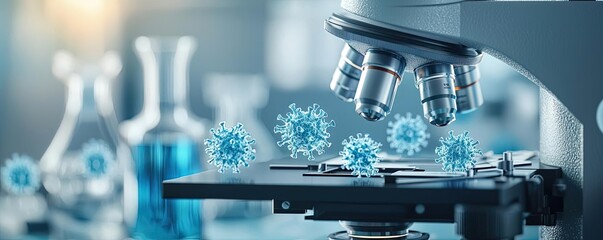 Poster - Microscope with virus illustrations, laboratory setting, research concept.