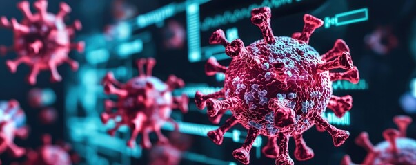 Aufkleber - Microscopic view of a virus with digital data background, high detail.