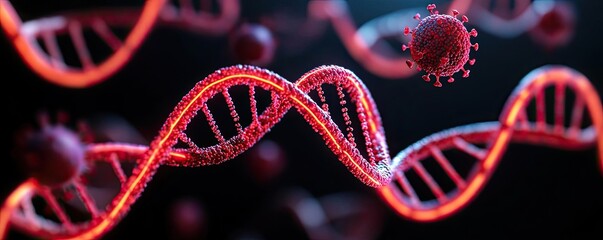 Poster - Close-up view of DNA strands with colorful virus on a dark background.
