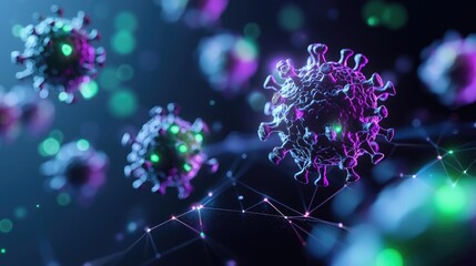 Poster - Colorful depiction of virus particles in a digital, abstract environment.