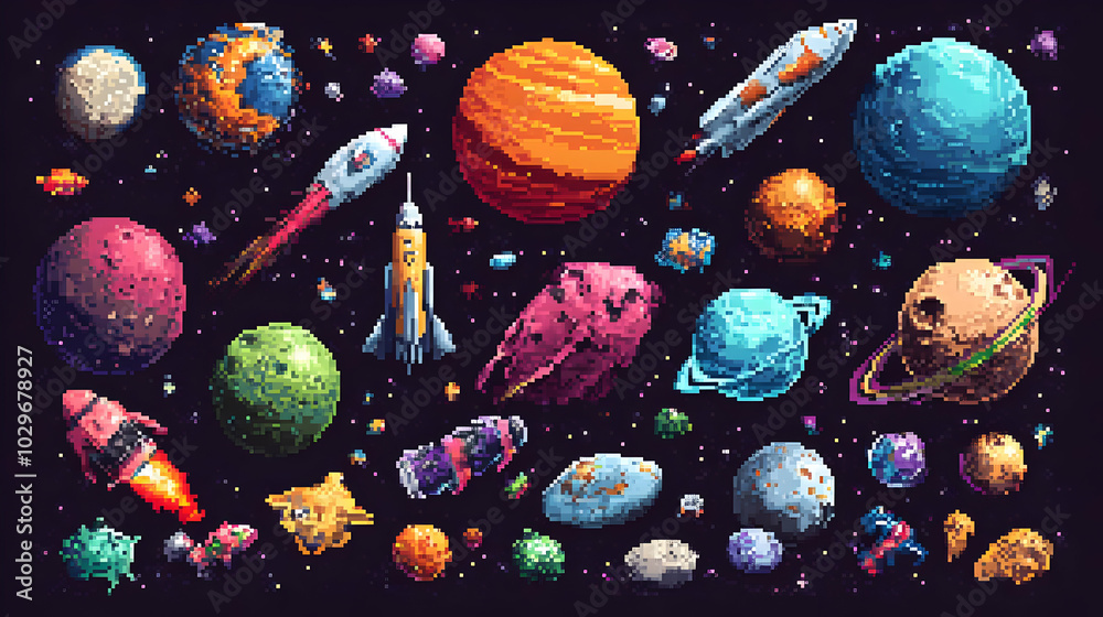 Colorful Pixel Art Planets and Rockets in Space Exploration Stock ...