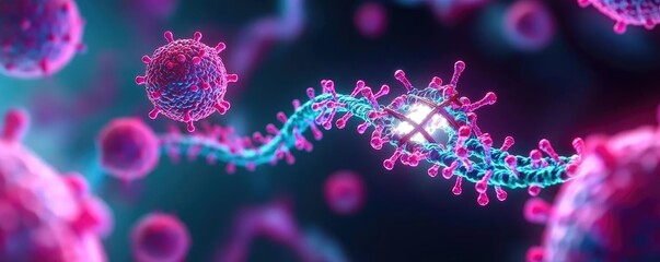 Poster - Colorful illustration of viruses and genetic material on a dark background.