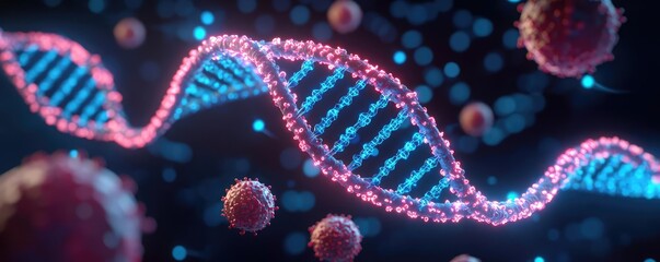 Poster - Colorful DNA strand with glowing elements, representing genetic research and biology.
