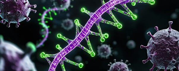 Poster - Colorful molecular structure depicting RNA and viruses on a black background.