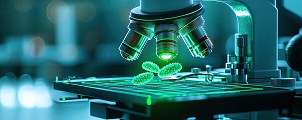 Aufkleber - Close-up of a microscope with green light and samples on the slide.