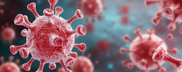 Poster - Microscopic view of a red virus on a blurred background, detailed and intricate structure.