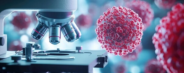 Poster - Microscope focusing on virus cells, detailed close-up view with glowing elements.