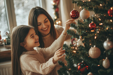 Poster - Mother and daughter joyfully decorating a Christmas tree with colorful ornaments and lights, creating a festive and heartwarming atmosphere.